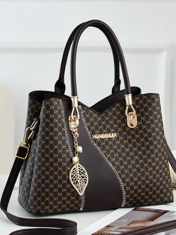 Women Monogram Contrast Color PU Leather Handbag Large Capacity Top Handle Bag With Leaf Pendant Elegant Shoulder Satchel Bag