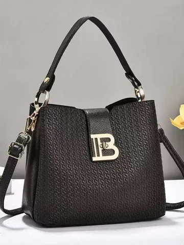Bolso Cubo de Mujer de Cuero PU con Relieve Hebilla de Metal B Minimalista Bolso de Hombro de Gran Capacidad Diario