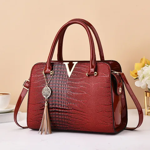 Sac à Main Femme Mode Motif Crocodile Cuir PU Métal Logo V Gland Grande Capacité Tote Vintage Elégant Sac à Bandoulière
