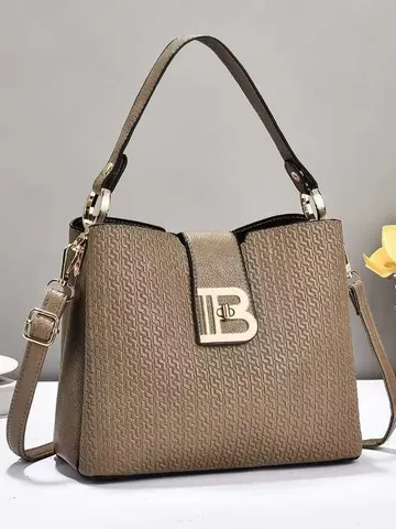Bolso Cubo de Mujer de Cuero PU con Relieve Hebilla de Metal B Minimalista Bolso de Hombro de Gran Capacidad Diario