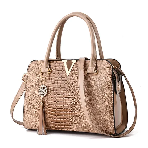 Sac à Main en Cuir PU à Motif Crocodile pour Femmes Boucle Métallique V Gland Sac Fourre-Tout Épaule pour Trajet Quotidien Élégance Bureau