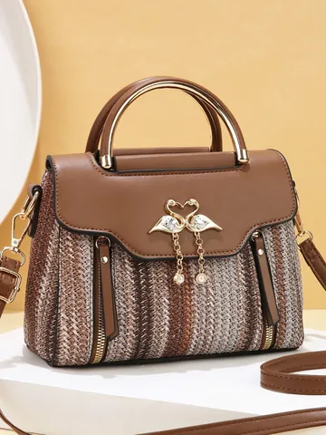 Borsa a Tracolla Intrecciata a Righe da Donna in Pelle PU Patchwork Borsa a Mano Con Fibbia a Cigno Perla Artificial e Strass