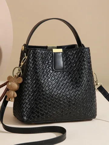 Women Woven PU Leather Bucket Bag Large Capacity Fashion Shoulder Crossbody Handbag With Bear Pendant For Daily Dating Shopping