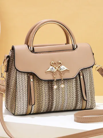 Borsa a Tracolla Intrecciata a Righe da Donna in Pelle PU Patchwork Borsa a Mano Con Fibbia a Cigno Perla Artificial e Strass