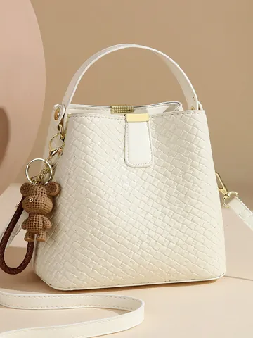 Women Woven PU Leather Bucket Bag Large Capacity Fashion Shoulder Crossbody Handbag With Bear Pendant For Daily Dating Shopping