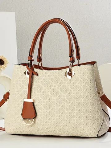 Woven Texture Top Handle Bag Large Capacity PU Leather Shoulder Bag With Detachable Strap For Women Fashion Daily Use