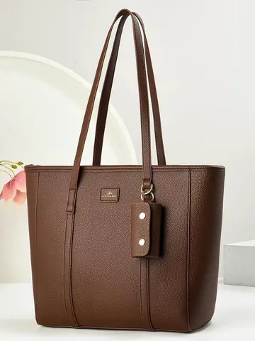 Women Casual Litchi Grain Tote Bag Large Capacity Shoulder Bag With Decorative Mini Pouch Commuter Handbag