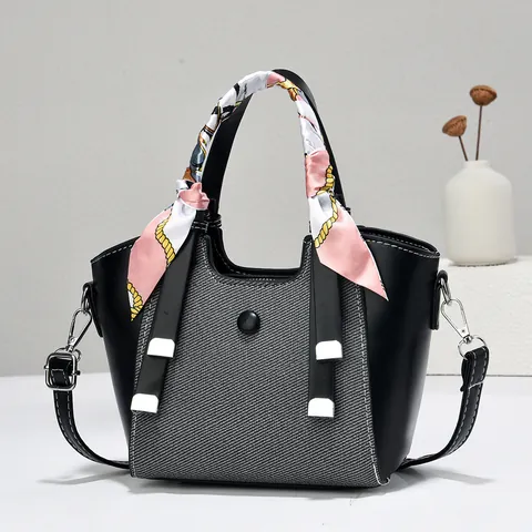 Vintage Damen Handtasche PU Leder Twill Patchwork Satinnschal Wickelgriff Abnehmbarer Schultergurt Für Den Alltag