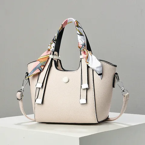 Damen Mode PU Leder Korbtasche Litschi Muster Umhängetasche Mit Seidenschal Dekor Vielseitige Lässige Tote Schultertasche