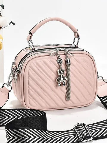 Bolso Bandolera Redondo Pequeño Para Mujer Cuero PU Acolchado En V Doble Cremallera Bolso De Hombro Con Colgante De Oso Correa Ancha Moda