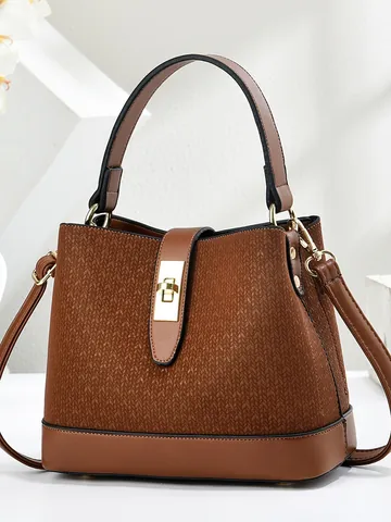 Borsa a Secchiello in Pelle PU con Trama Intrecciata Retro per Donna Grande Capacità Borsa a Tracolla Moda Quotidiana