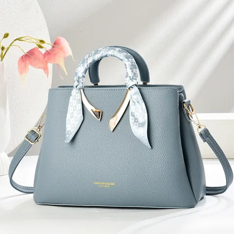 Women Vintage Lychee Pattern PU Leather Handbag Large Capacity Crossbody Shoulder Bag With Satin Scarf Decor Fashion Tote