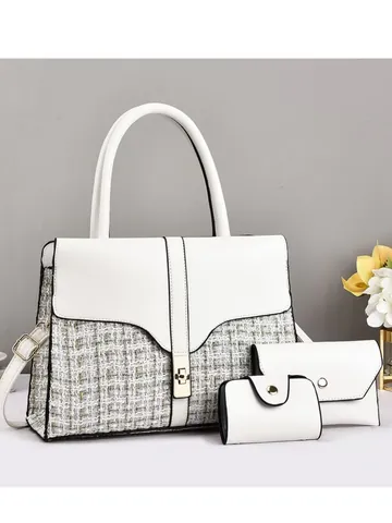 Ensemble Sac à Main Pochette Porte-Cartes Femme en Tweed et Cuir PU Patchwork Sac à Épaule Élégant Grande Capacité