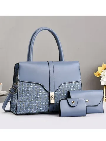 Ensemble Sac à Main Pochette Porte-Cartes Femme en Tweed et Cuir PU Patchwork Sac à Épaule Élégant Grande Capacité