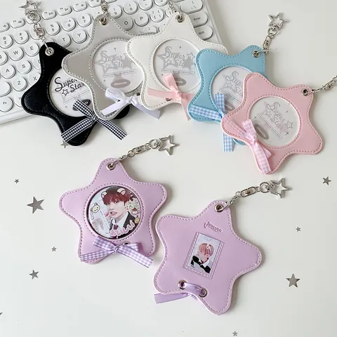 Star Shape PU Leather Card Holder With Bowknot Transparent Window Photocard Sleeve Bag Pendant Keychain For Women Girls