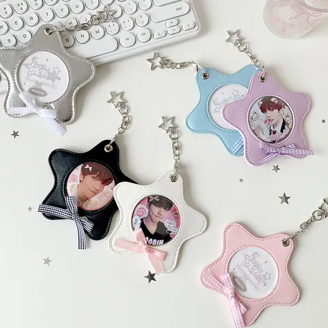 Star Shape PU Leather Card Holder With Bowknot Transparent Window Photocard Sleeve Bag Pendant Keychain For Women Girls