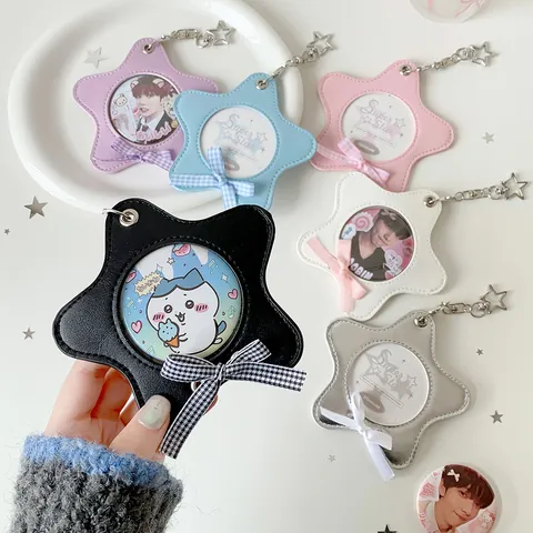 Portatarjetas De Cuero PU En Forma De Estrella Con Ventana Transparente Y Lazo Funda Para Fotos Kpop Idol Lindo Llavero