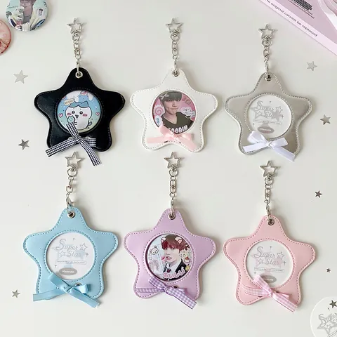 Portatarjetas De Cuero PU En Forma De Estrella Con Ventana Transparente Y Lazo Funda Para Fotos Kpop Idol Lindo Llavero