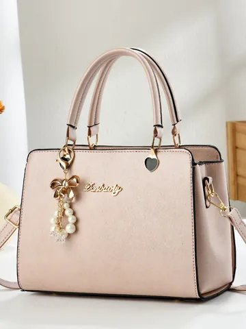 Bolso de Mano para Mujer de Cuero PU con Textura Saffiano Color Sólido Con Colgante de Lazo y Perla Artificial Bolso de Hombro Cruzado