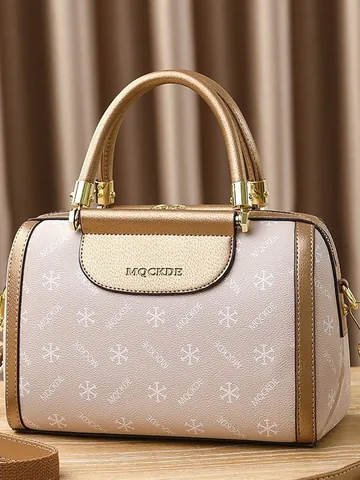 Fashion Women Boston Bag Large Capacity PU Leather Monogram Print Handbag Shoulder Crossbody Bag Golden Hardware Commute