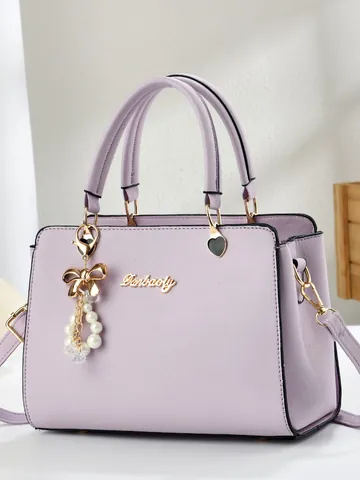 Bolso de Mano para Mujer de Cuero PU con Textura Saffiano Color Sólido Con Colgante de Lazo y Perla Artificial Bolso de Hombro Cruzado
