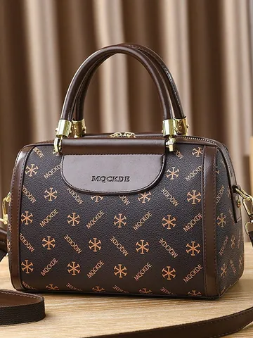Fashion Women Boston Bag Large Capacity PU Leather Monogram Print Handbag Shoulder Crossbody Bag Golden Hardware Commute