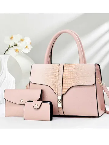Juego de 3 Bolsos para Mujer de Cuero PU Retro Relieve de Cocodrilo Bolso de Mano Cartera Sobre Tarjetero Bolso de Hombro