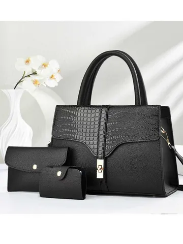 Juego de 3 Bolsos para Mujer de Cuero PU Retro Relieve de Cocodrilo Bolso de Mano Cartera Sobre Tarjetero Bolso de Hombro