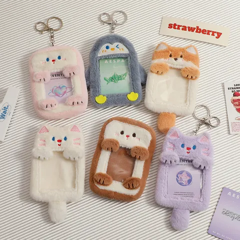 Plush Cartoon Animal Shaped Photocard Holder Transparent Window Card Sleeve With Metal Keychain For Polaroid ID Cards