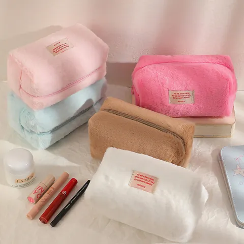 Bolsa de Cosméticos de Peluche Simple para Mujer Neceser Portátil de Gran Capacidad Bolsa de Viaje Color Sólido Estuche de Maquillaje Suave