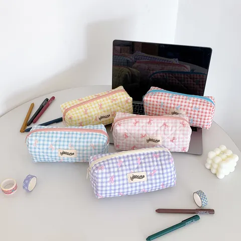 Quilted Plaid Fabric Pencil Case Bowknot Print Large Capacity Stationery Storage Bag Portable Makeup Organizer For Students