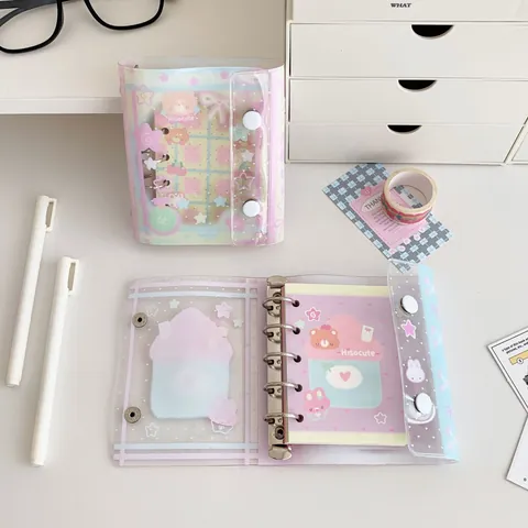 Kawaii Cartoon Mini Binder Notebook Transparent PVC Cover DIY Hand Account Journal Refillable Portable Student Stationery