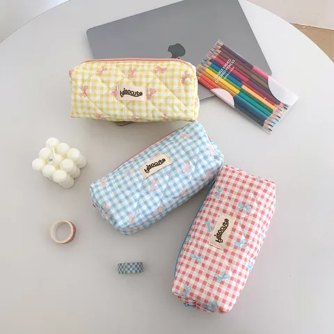 Trousse De Maquillage Matelassée Motif Écossais Nœud Joli Étui À Crayons En Coton Grande Capacité Sac De Rangement Cosmétique Femme