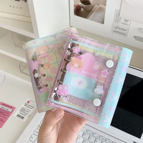Quaderno ad Anelli Kawaii Cartoon Mini Copertina in PVC Trasparente Diario Fai-da-te Ricaricabile Cancelleria Portatile per Studenti