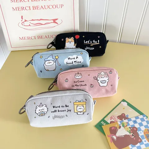 Cartoon Canvas Pencil Case With Large Zipper Cute Animal Print Stationery Storage Pouch For School Students High Capacity Makeup Bag