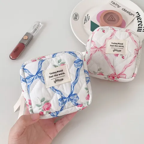 Trousse De Maquillage Matelassée Avec Nœud Et Imprimé Floral Organisateur De Cosmétiques Pour Femmes Carré Vintage Fermeture Éclair