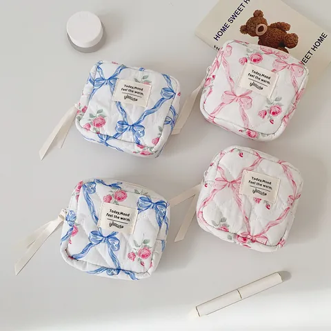 Trousse De Maquillage Matelassée Avec Nœud Et Imprimé Floral Organisateur De Cosmétiques Pour Femmes Carré Vintage Fermeture Éclair