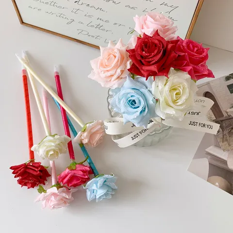 Creative Rose Flower Gel Pen Polyester Silk Satin Rose Decorative Ballpoint Pen For Wedding Gift Office School Stationery