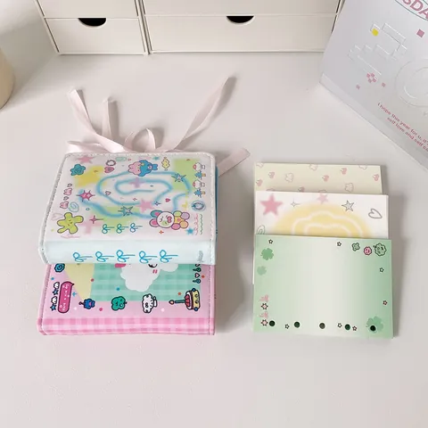Mini Loose-leaf Binder Journal PU Leather Cute Cartoon Ribbon Bow Portable Notebook Photocard Storage For Students Girls