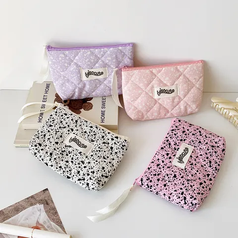 Portable Quilted Makeup Bag Ink Splash Polyester Storage Pouch For Lipstick Earphones Coin Purse Ins Style With Ribbon Zipper