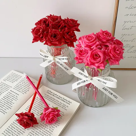 Penna A Sfera Fiore Di Rosa Artificiale Avvolta In Nastro Petalo Di Stoffa Cancelleria Creativa Decorazione Scrivania Regalo