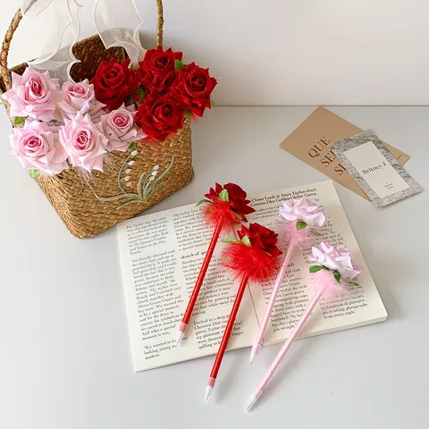 Bolígrafo Creativo de Flor de Rosa Artificial Con Decoración de Pluma y Cinta de Satén Pluma de Regalo Romántica para Boda Día de San Valentín