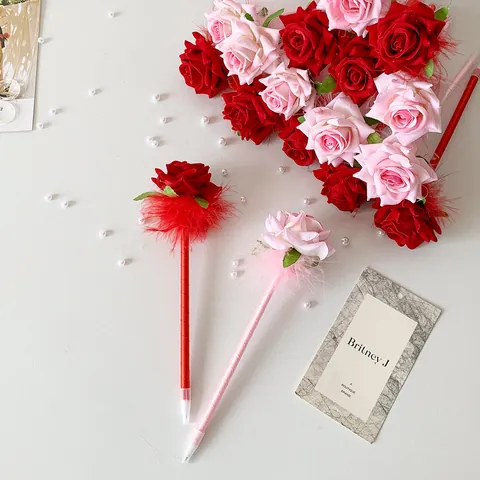 Bolígrafo Creativo de Flor de Rosa Artificial Con Decoración de Pluma y Cinta de Satén Pluma de Regalo Romántica para Boda Día de San Valentín