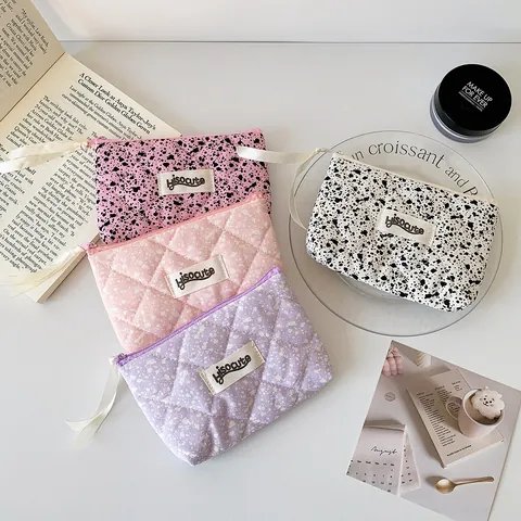 Portable Quilted Makeup Bag Ink Splash Polyester Storage Pouch For Lipstick Earphones Coin Purse Ins Style With Ribbon Zipper
