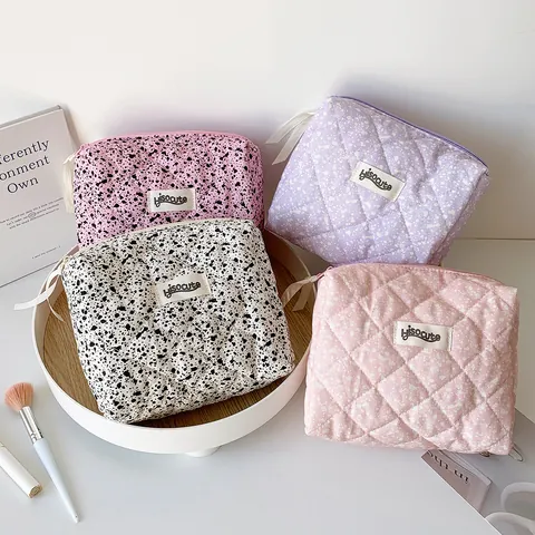 Korean Quilted Cotton Makeup Bag Ink Splash Crushed Stone Pattern Padded Cosmetic Storage Bag With Zipper For Travel Women