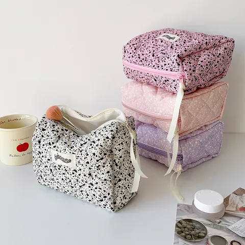 Korean Quilted Cotton Makeup Bag Ink Splash Crushed Stone Pattern Padded Cosmetic Storage Bag With Zipper For Travel Women