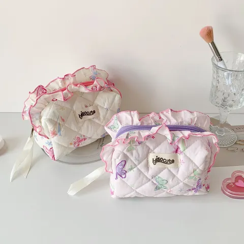 Doorgestikte Cosmetische Tas met Vlinderprint Ruffle Rand Make-up Pouch Grote Capaciteit Esthetische Etui voor Dames
