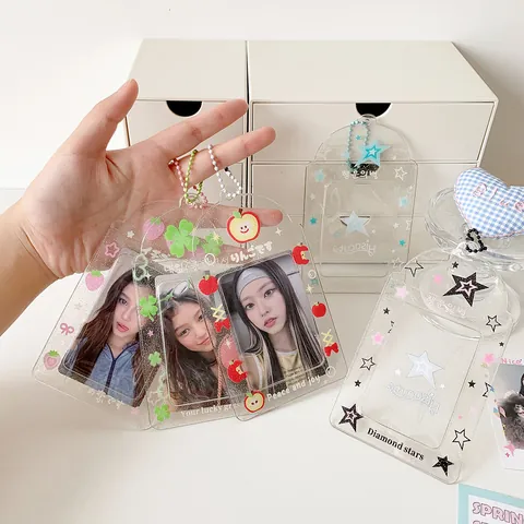 Porta Fototessere Trasparente Con Glitter Catenella A Sfere Colorata Custodia In PVC Acrilico Per Foto Di Idoli Motivi Stelle