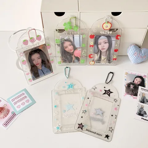 Porta Fototessere Trasparente Con Glitter Catenella A Sfere Colorata Custodia In PVC Acrilico Per Foto Di Idoli Motivi Stelle