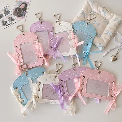 Süße Schleife PU Leder Fotokartenhalter Herz Metallhaken Ausweis Etui Für Damen Mädchen Tasche Deko Ballett-Stil